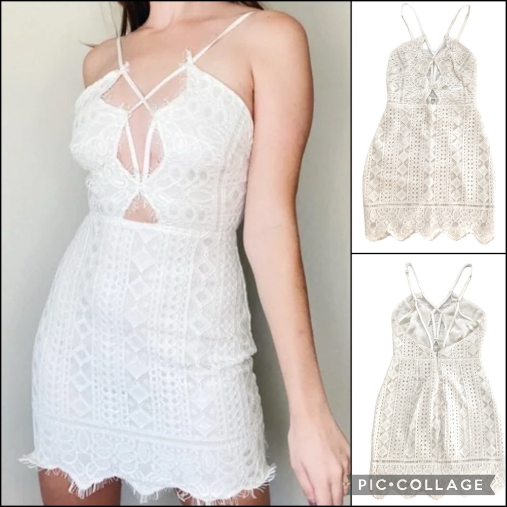 Storia White Crochet Floral Eyelash Lace Deep V Plunge Mini Dress